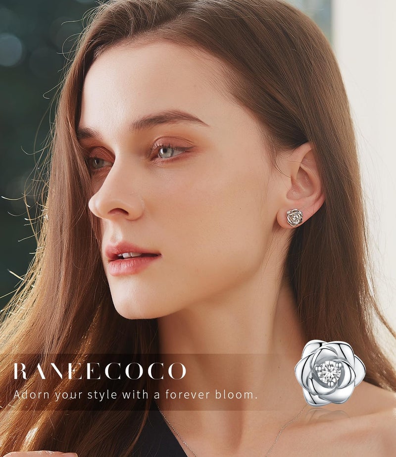 Raneecoco White Gold Plated Sterling Silver Rose Flower Earring Studs, Hypoallergenic & Nickel Free Earrings for Women(9mm) - Image 2